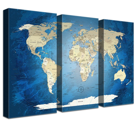 World Map Blue Ocean - 3 Piece Graphic Art Print on Canvas