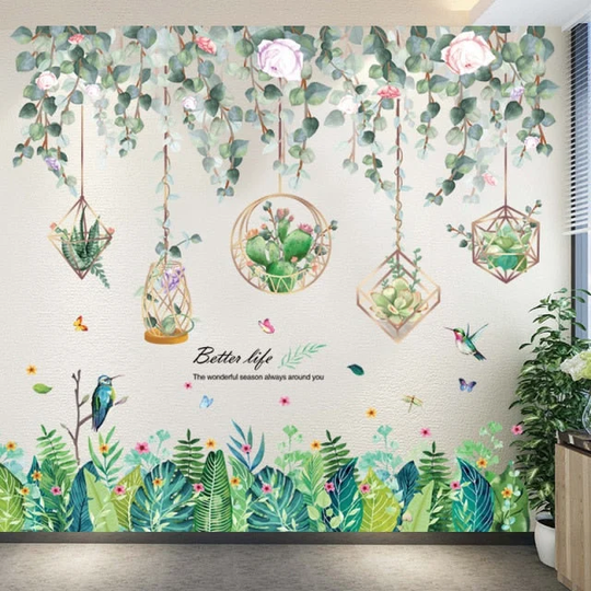 Tropical Grass Leaves Wall Stickers | Potted Plant Decals For Living Room
