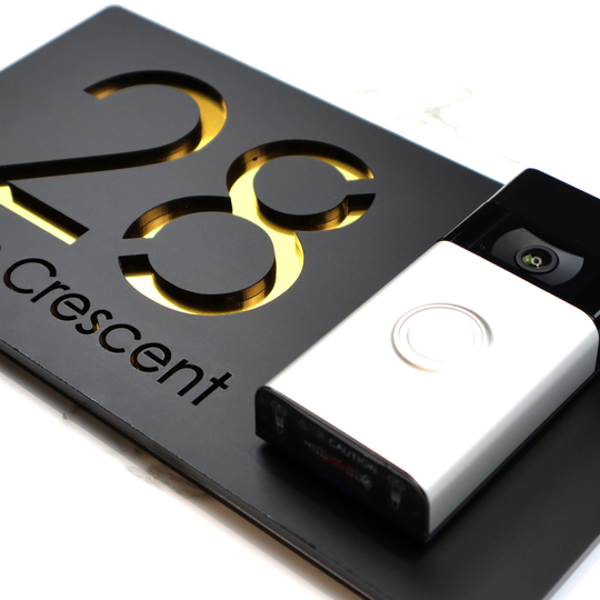 K Smart Sign | Bellissima Db Ring Nest Video Wifi Door-Bell Mount Plate Laser 3D Matt Dark Gray & Gold Mirror Door Number House Plaques