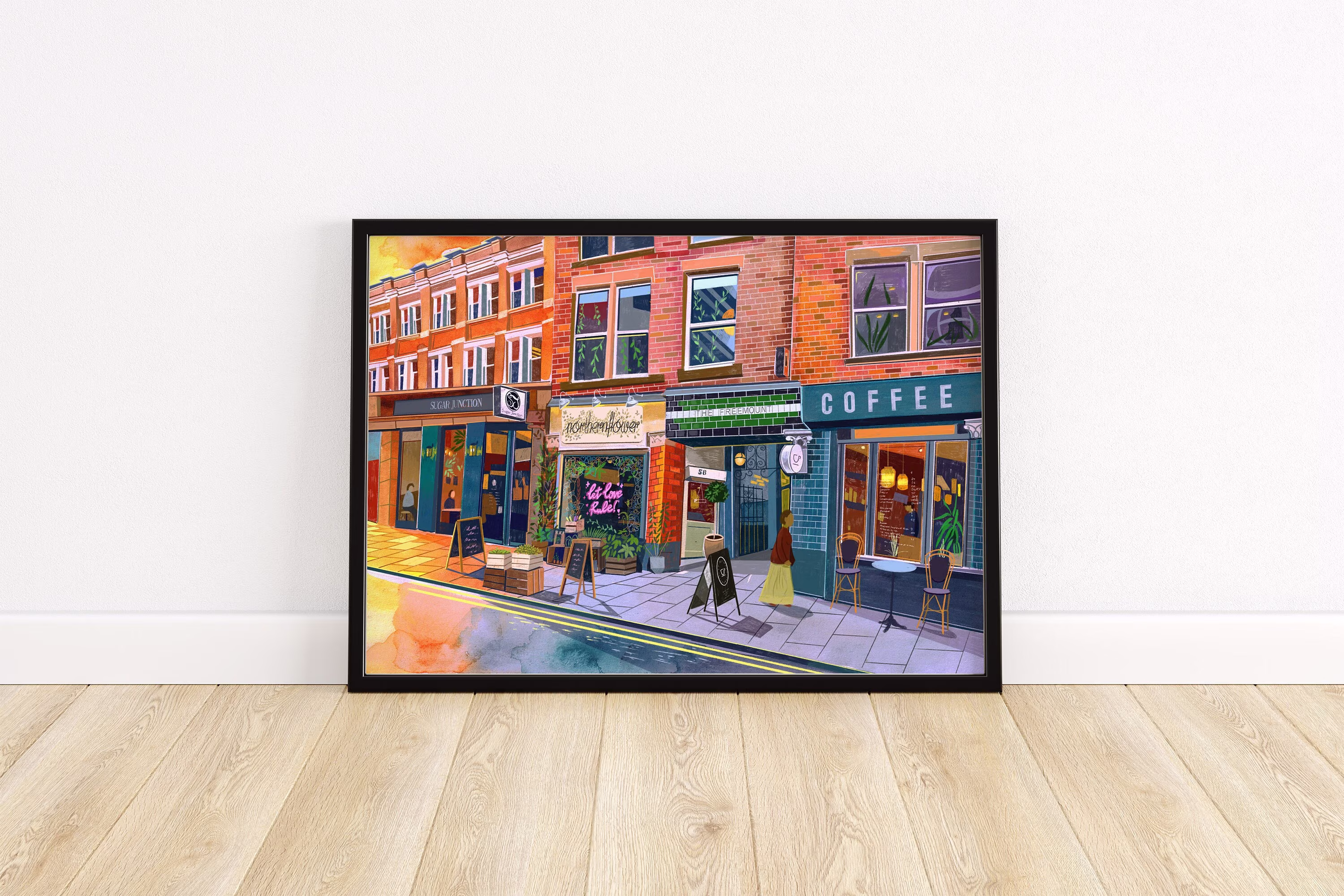 Manchester Art Print, Northern Quarter, Tib St, Flower, The Freemount, Sugar Junction, Just Between Friends Coffee, A4, A3, A2