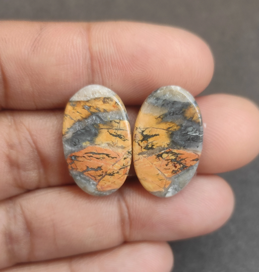 Jasper Cabochon Pair, 23x14mm Oval Shape Gemstone 23 Ct Loose, Jewelry Set Stone , Yellow Grey Cabochon, Jasper
