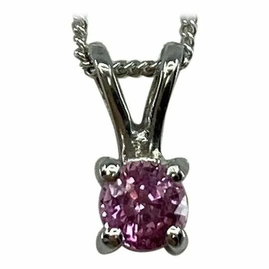 Fine Ceylon Pink Sapphire Round Diamond Cut 18K White Gold Solitaire Pendant