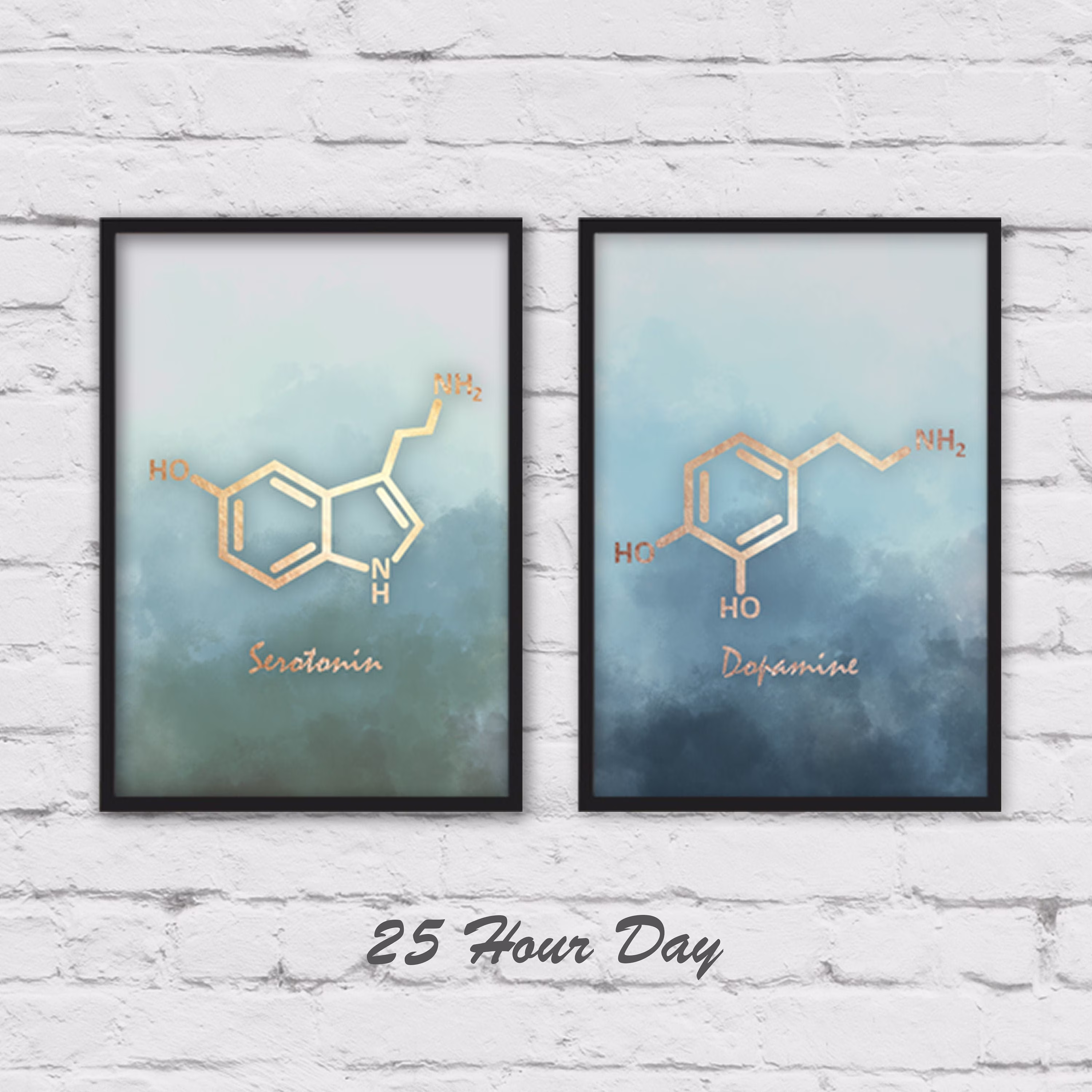 Wall Art Set Of 2, Serotonin Molecule, Dopamine Chemistry Gift, Gallery Wall, 2 Piece Wall Art, Set Prints, Molecule Art