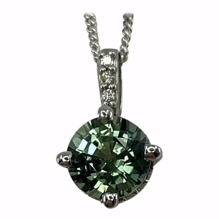 Igi Certified Untreated Green Blue Sapphire 18K White Gold Diamond Set Pendant