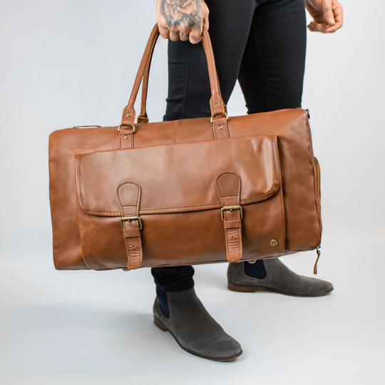 Overnight Bag With Side Shoe Compartment - Brown Leather Weekender Travel Monogram Unisex Weekend Personalised Initials