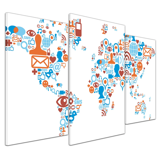 World Map Social Media Pictograms 3-Piece Graphic Art on Canvas Set