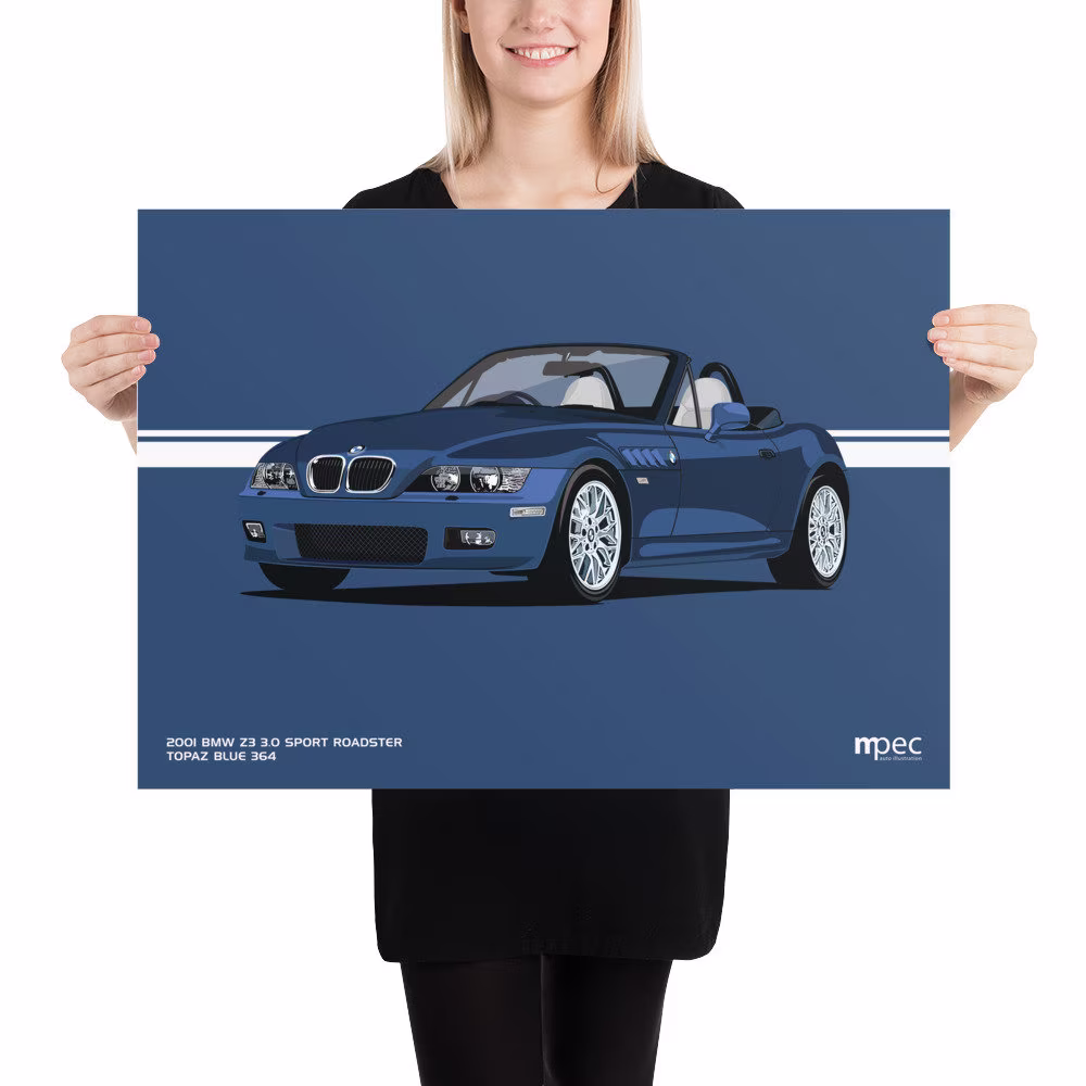 Illustration Bmw Z3 3.0 Roadster Topaz Blue Poster 50cm X 70cm