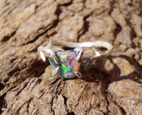 Black Opal Ring, Lightning Ridge Opal, Australian Solid Sterling Silver, Twig Branch For Her, Size 6