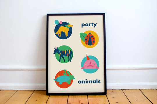 Party Animal Print Featuring Zebra, Platypus, Ladybird/Ladybug, Blobfish, Borzoi, Graphic Art, Design, Animal Print. Nursery Interior Design