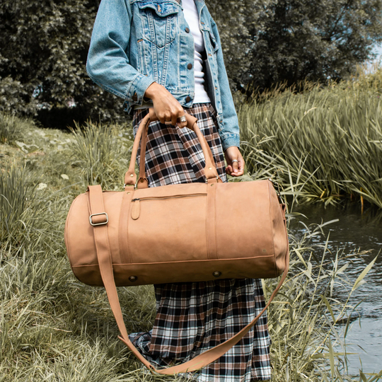 Personalized Soft Suede Leather Duffle Bag/Weekend Bag/Overnight Bag/Gym Bag in Vintage Cognac Beige Handmade With Monogram Initials By Mahi